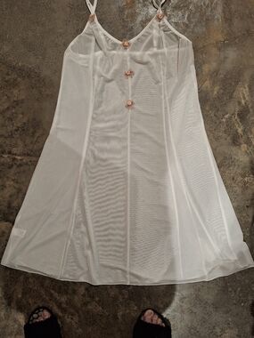 Sheer White Feminine Chemise with Pink Rosette Details